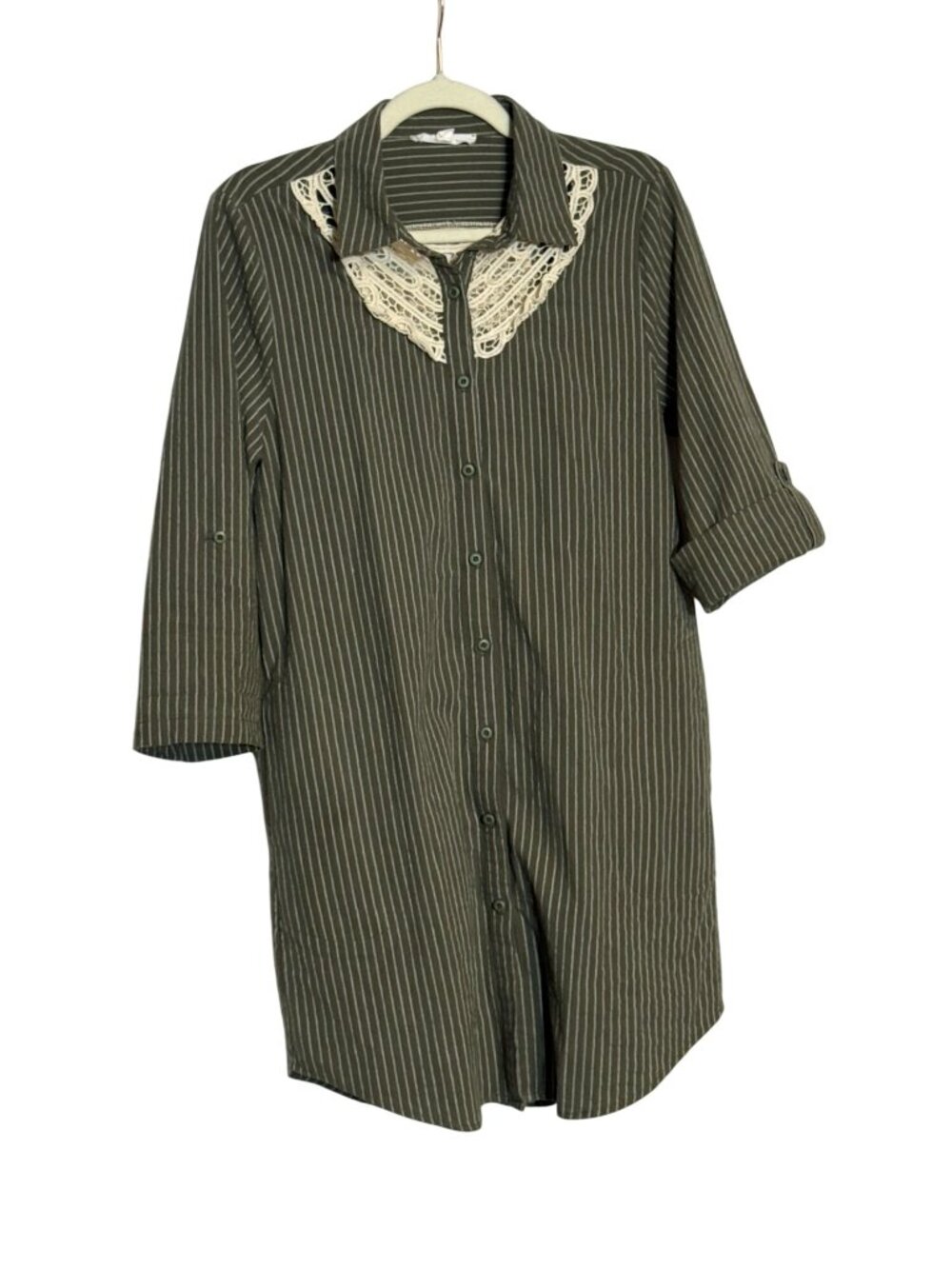 FSL Apparel Size L Olive Green Pinstripe Lace Back Shirt Dress Roll Tab Sleeve